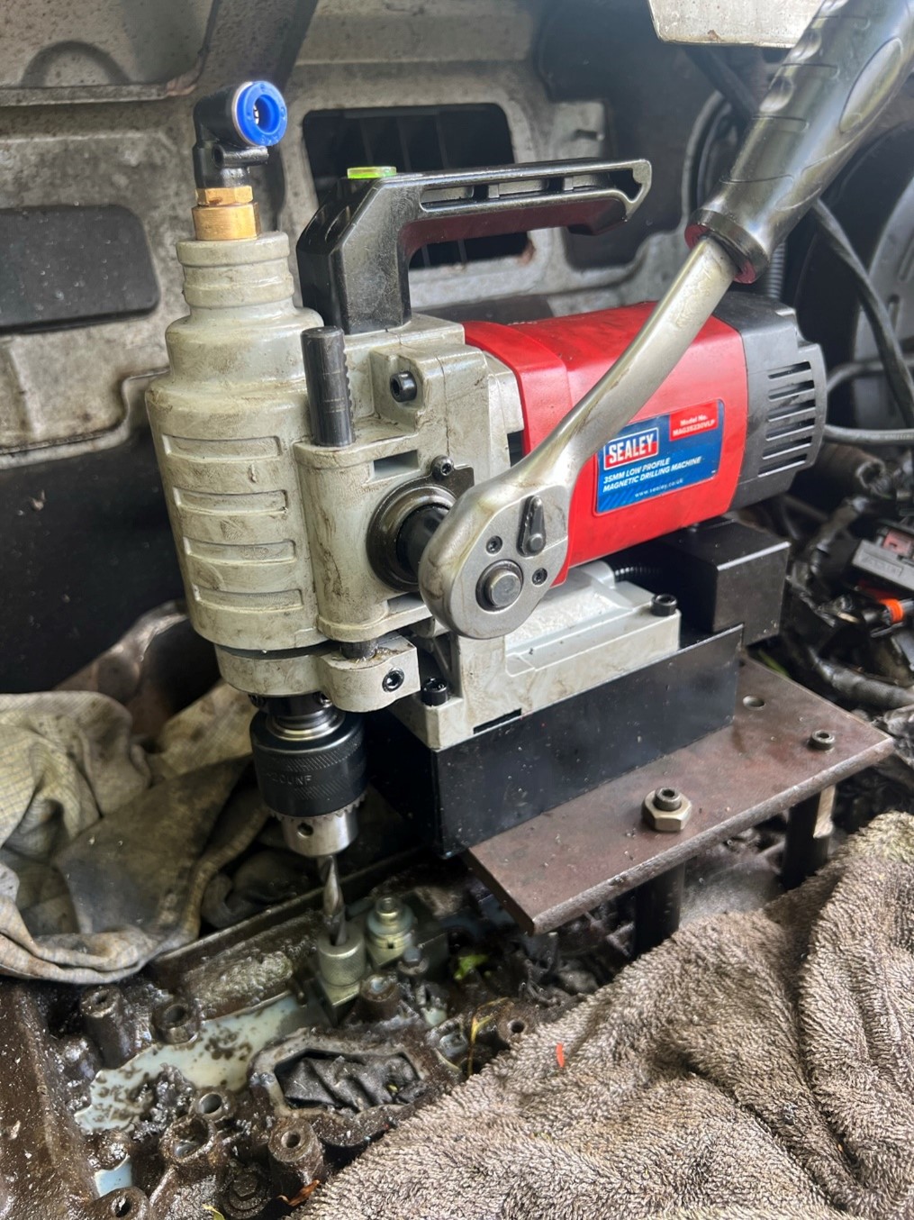 Snapped bolt removal drilling and repair